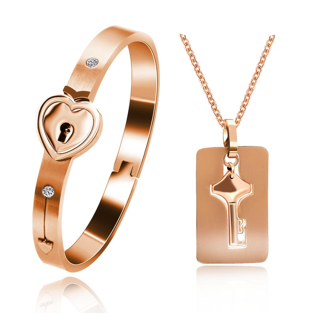 Uloveido Stainless Steel Lock and Key Necklace and Bracelet Matching Jewelry for Men and Women