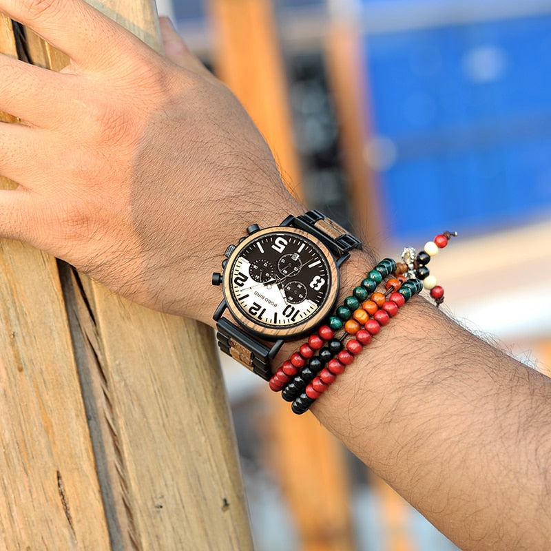 Wooden Stainless Steel Watch Men Water Resistant Timepieces Chronograph Quartz Watches