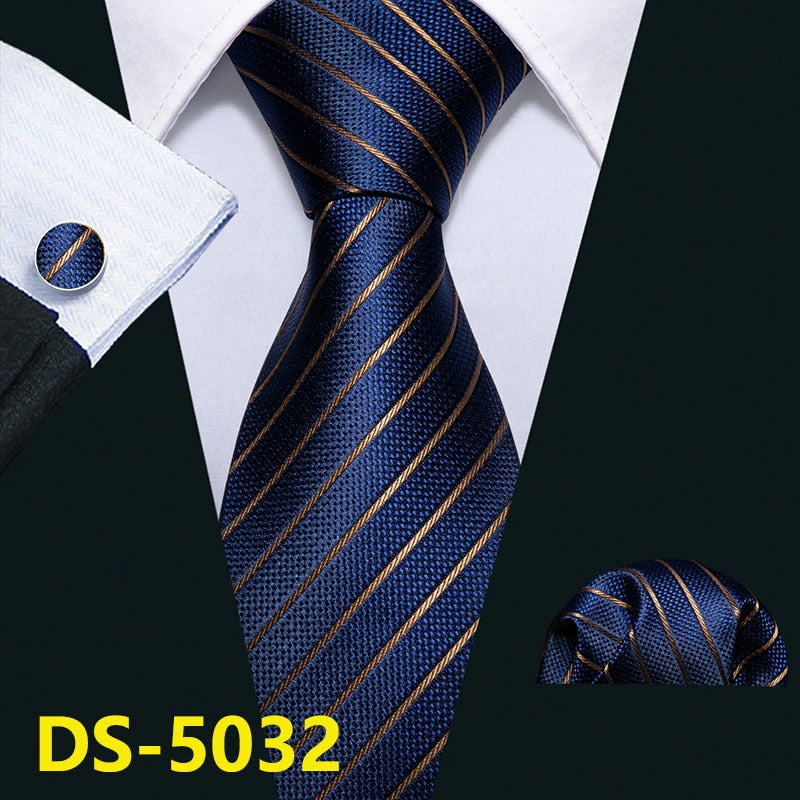 Men Tie Gold Navy Striped 100% Silk Tie