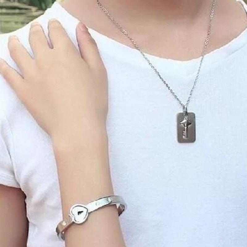 Uloveido Stainless Steel Lock and Key Necklace and Bracelet Matching Jewelry for Men and Women