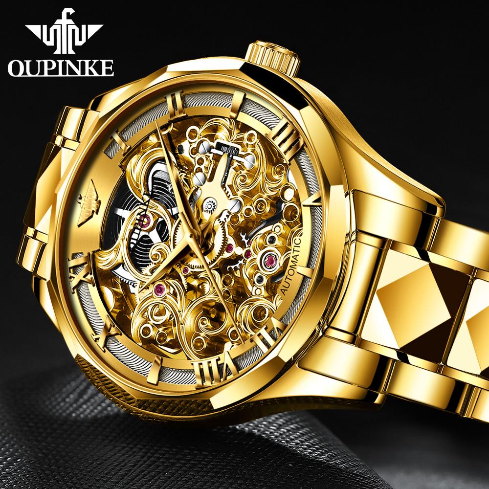 OUPINKE Luxury Men Watches Gold Skeleton Mechanical Watch Men Automatic Sapphire Glass Stainless Steel Wristwatch
