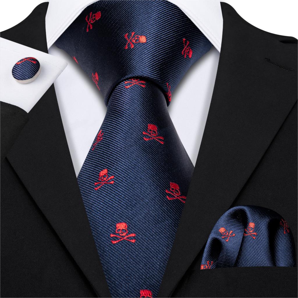 Fashion Designer Red Skull Men Tie Set 8.5cm Silk Handkerchief Ties for Men