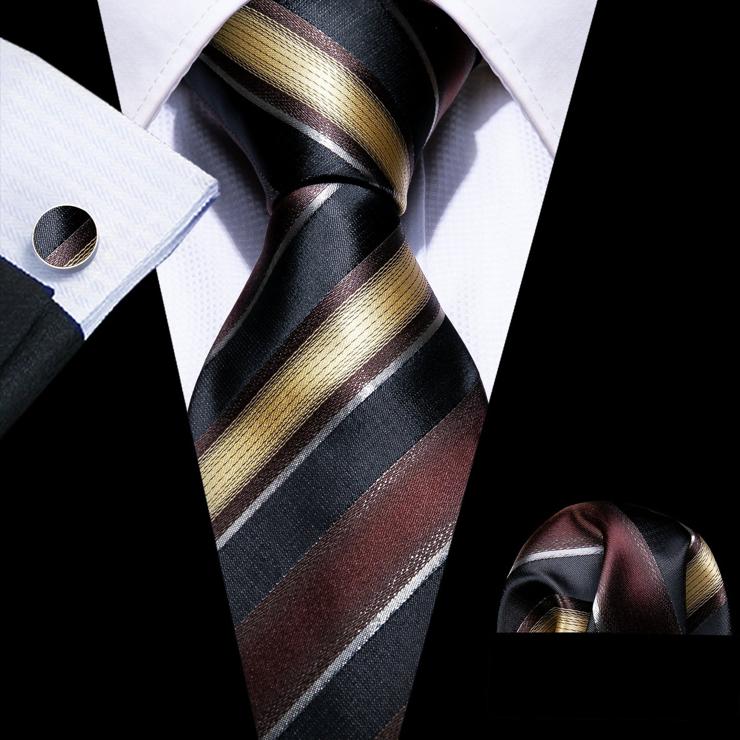Men Tie Gold Navy Striped 100% Silk Tie