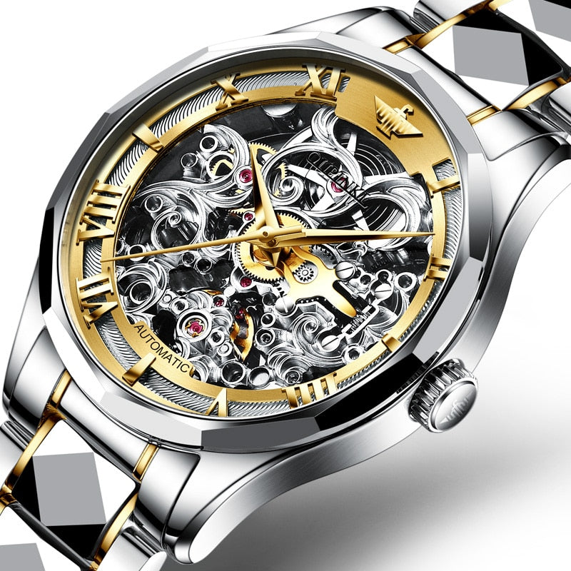 OUPINKE Luxury Men Watches Gold Skeleton Mechanical Watch Men Automatic Sapphire Glass Stainless Steel Wristwatch