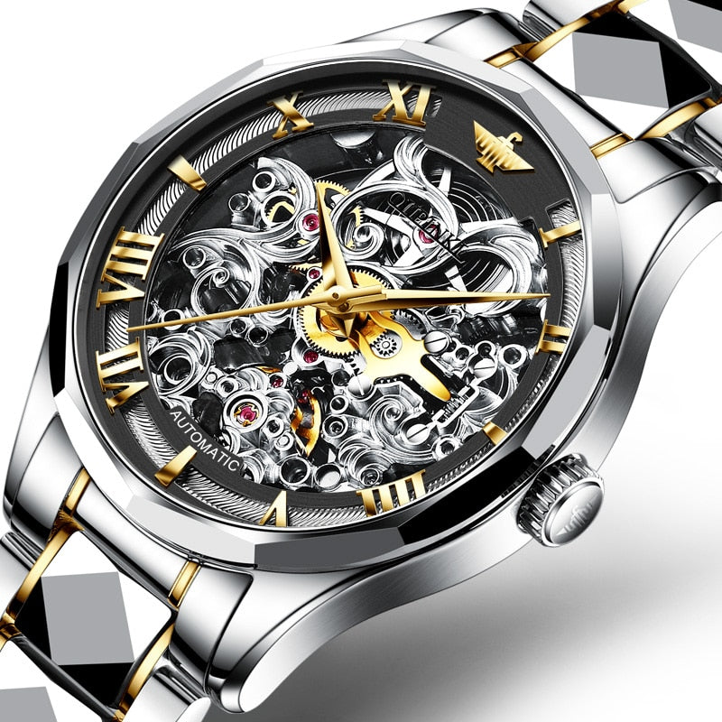OUPINKE Luxury Men Watches Gold Skeleton Mechanical Watch Men Automatic Sapphire Glass Stainless Steel Wristwatch