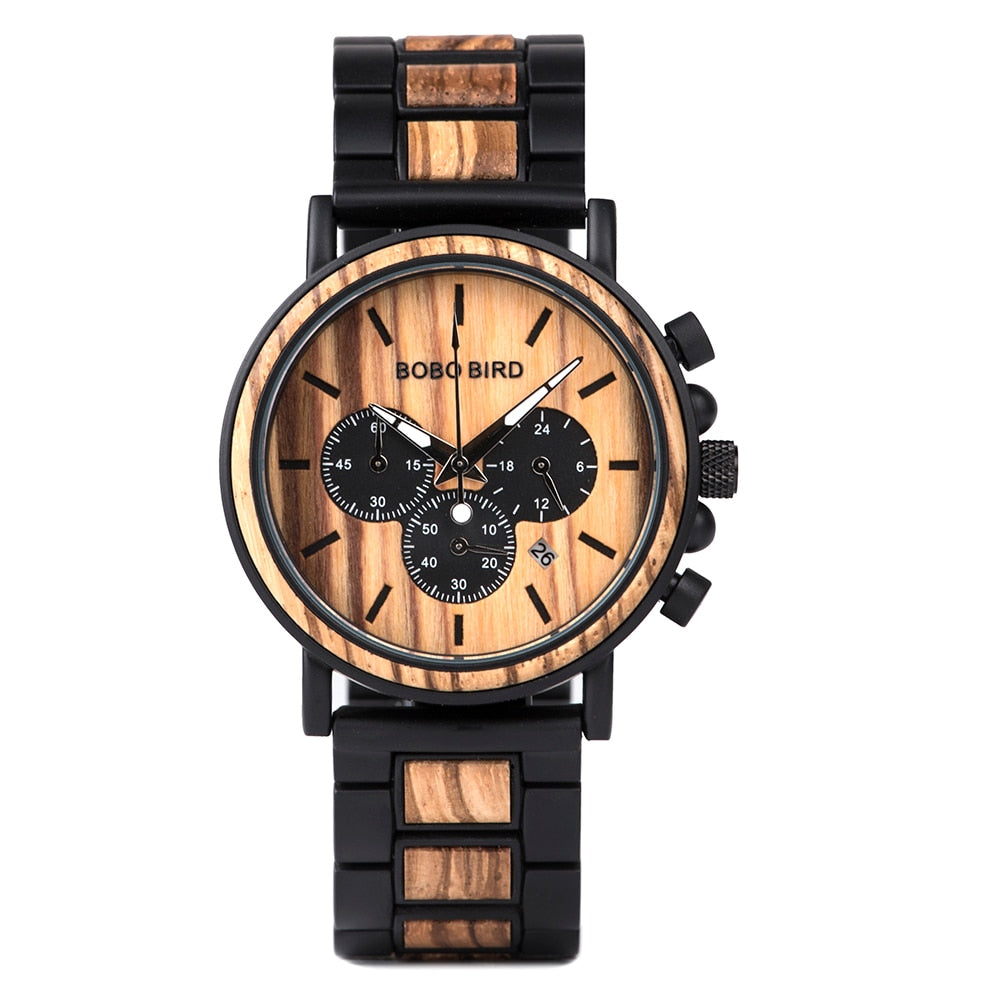 Wooden Stainless Steel Watch Men Water Resistant Timepieces Chronograph Quartz Watches