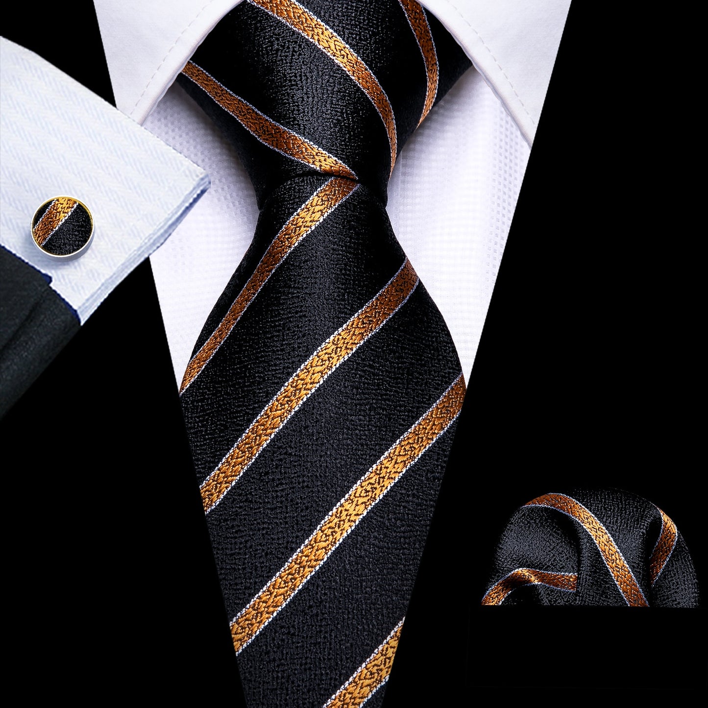 Men Tie Gold Navy Striped 100% Silk Tie