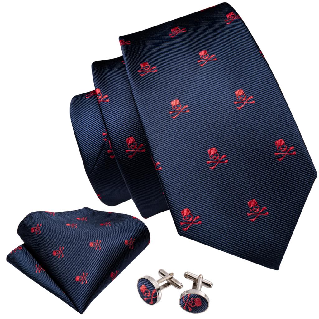 Fashion Designer Red Skull Men Tie Set 8.5cm Silk Handkerchief Ties for Men