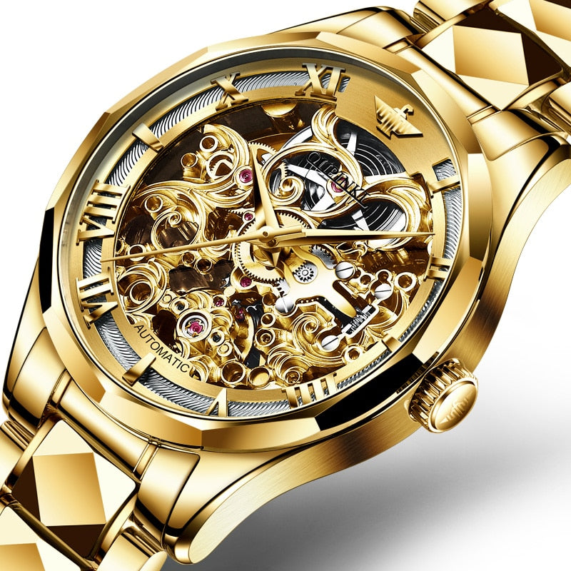 OUPINKE Luxury Men Watches Gold Skeleton Mechanical Watch Men Automatic Sapphire Glass Stainless Steel Wristwatch