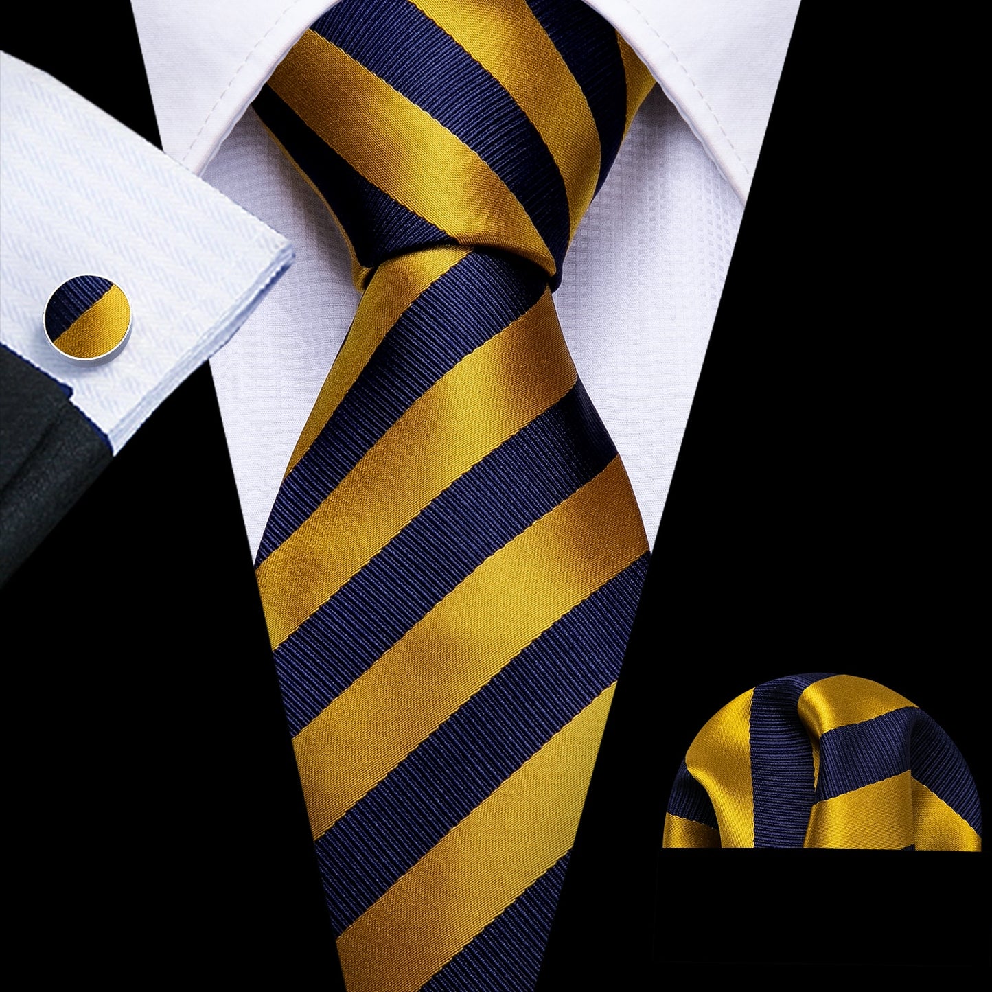 Men Tie Gold Navy Striped 100% Silk Tie