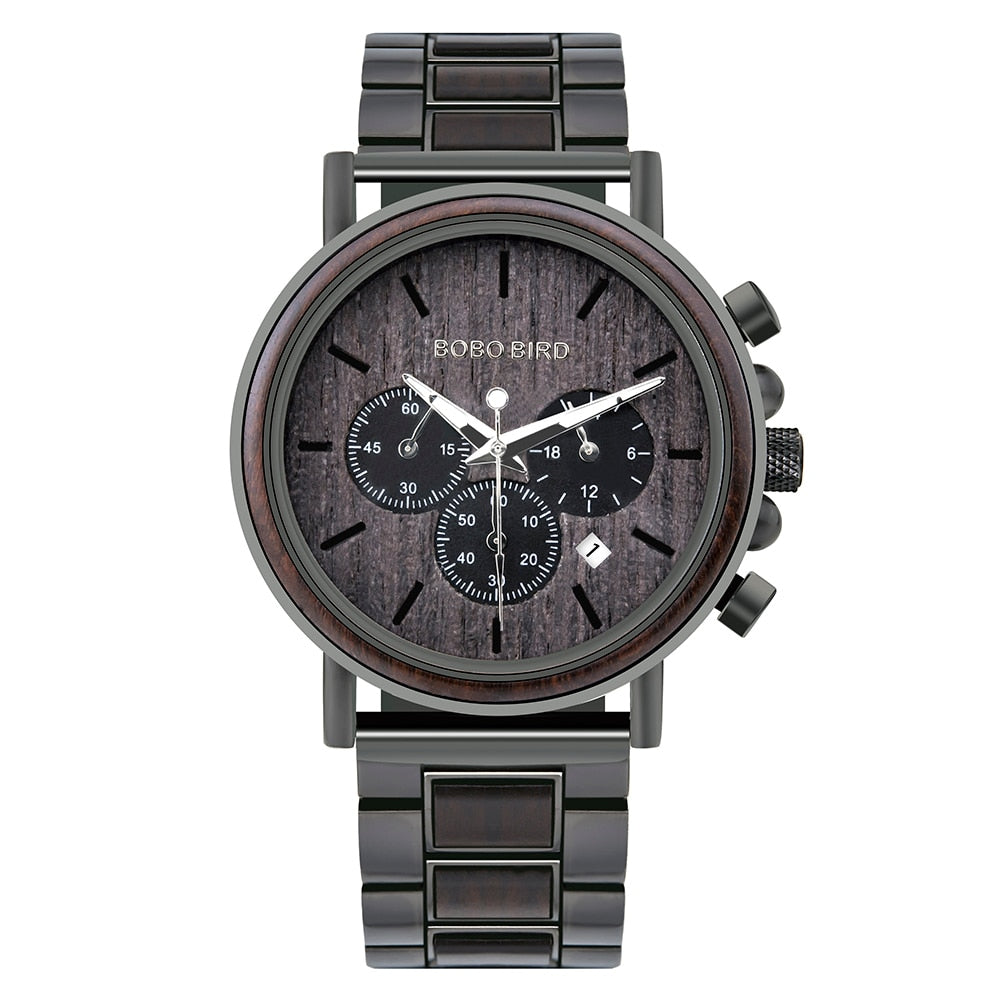 Wooden Stainless Steel Watch Men Water Resistant Timepieces Chronograph Quartz Watches