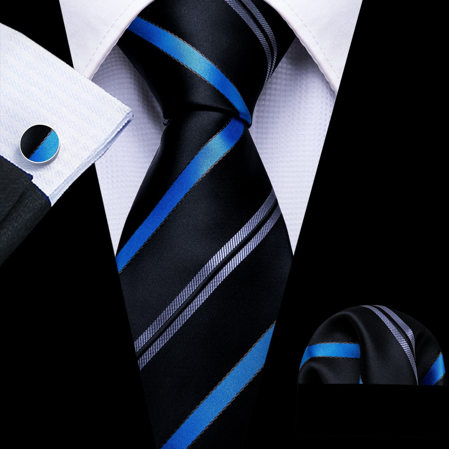 Men Tie Gold Navy Striped 100% Silk Tie