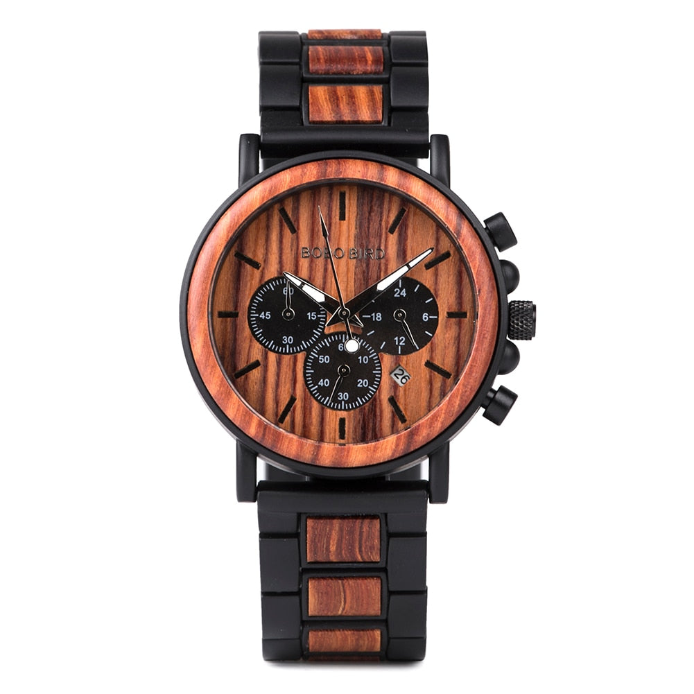 Wooden Stainless Steel Watch Men Water Resistant Timepieces Chronograph Quartz Watches
