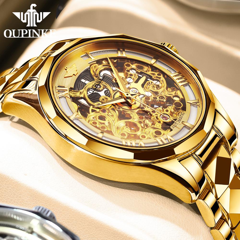 OUPINKE Luxury Men Watches Gold Skeleton Mechanical Watch Men Automatic Sapphire Glass Stainless Steel Wristwatch