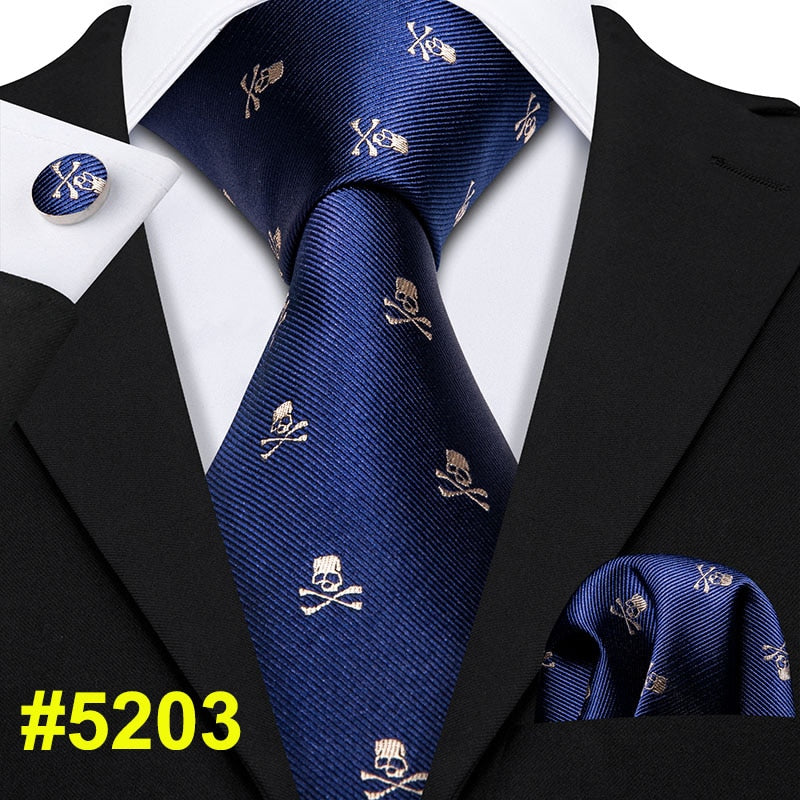 Fashion Designer Red Skull Men Tie Set 8.5cm Silk Handkerchief Ties for Men
