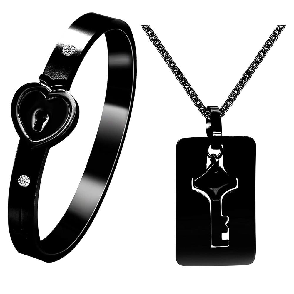 Uloveido Stainless Steel Lock and Key Necklace and Bracelet Matching Jewelry for Men and Women