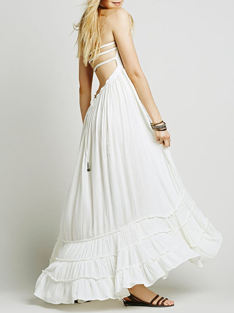 Beach Sexy Dresses, Bohemian Cotton, Backless Long Maxi Dress