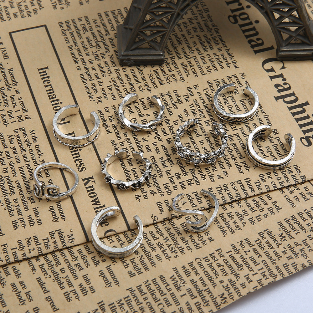 New Wave Totem Pattern Ring Summer Wild Joint Ring Beach Foot Ring 9 Piece Set