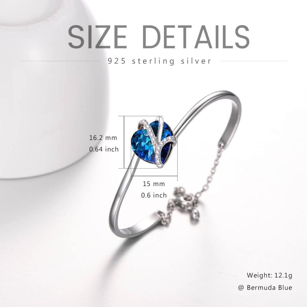925 Sterling Silver Love Heart Bangle with Blue Crystals,I Love You Bracelet