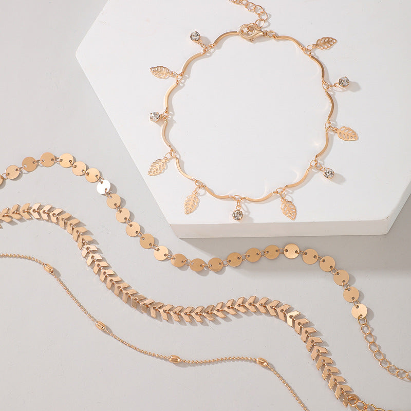 Fashion Leaf Diamond Round Four Layer Anklet