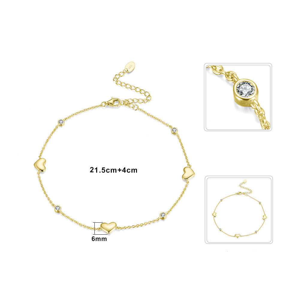 S925 Sterling Silver Anklet Beads Love Heart
