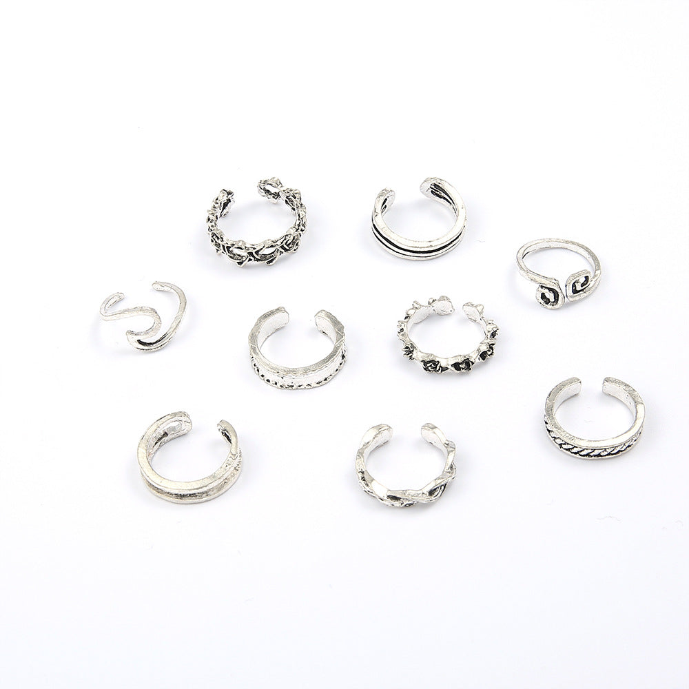 New Wave Totem Pattern Ring Summer Wild Joint Ring Beach Foot Ring 9 Piece Set