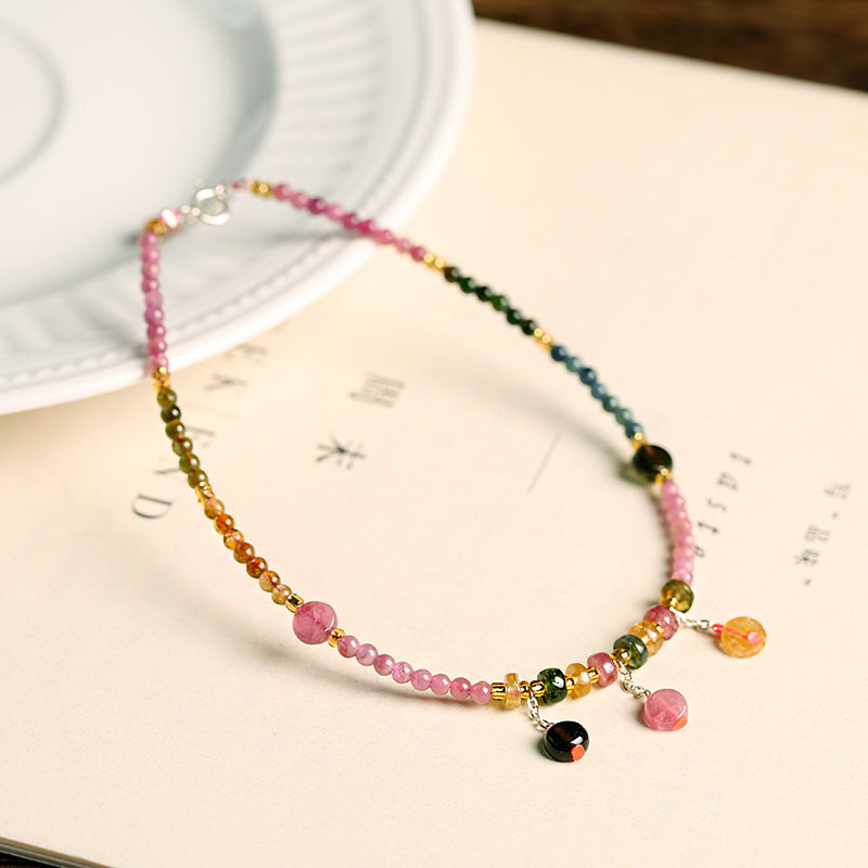S925 Sterling Silver Small Flat Beads Natural Tourmaline Anklet