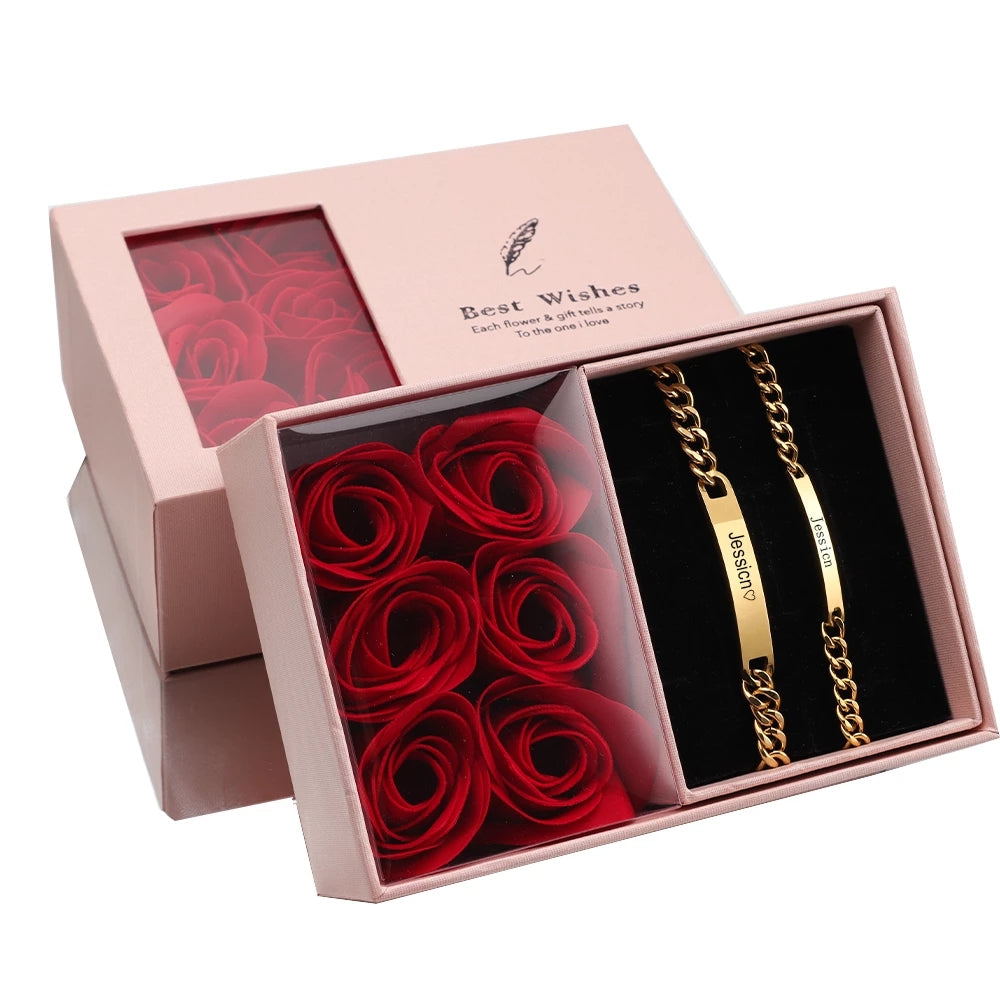 Stainless Steel Custom Name Anniversary Couple Bracelet Set 18K Gold Plated Colorfast Waterproof High Quality Jewelry
