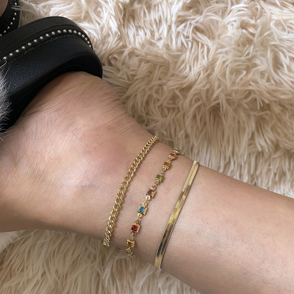 Flat Snake Copper Chain Multi-element Color Diamond Set Anklet