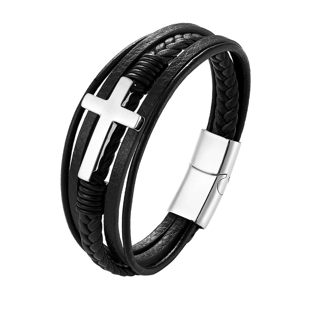 Fashion Cross Bracelet Stainless Steel Black Gold Steel Color Multilayer Braided Bracelet