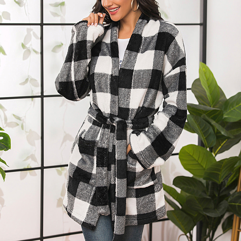 Casual Mid-length Strappy Waist PlaidWomen's Shirt Jacket
