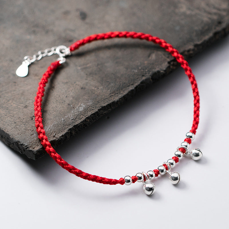 Silver Belt Extension Chain Bells Silver Beads Women's Braided Anklet