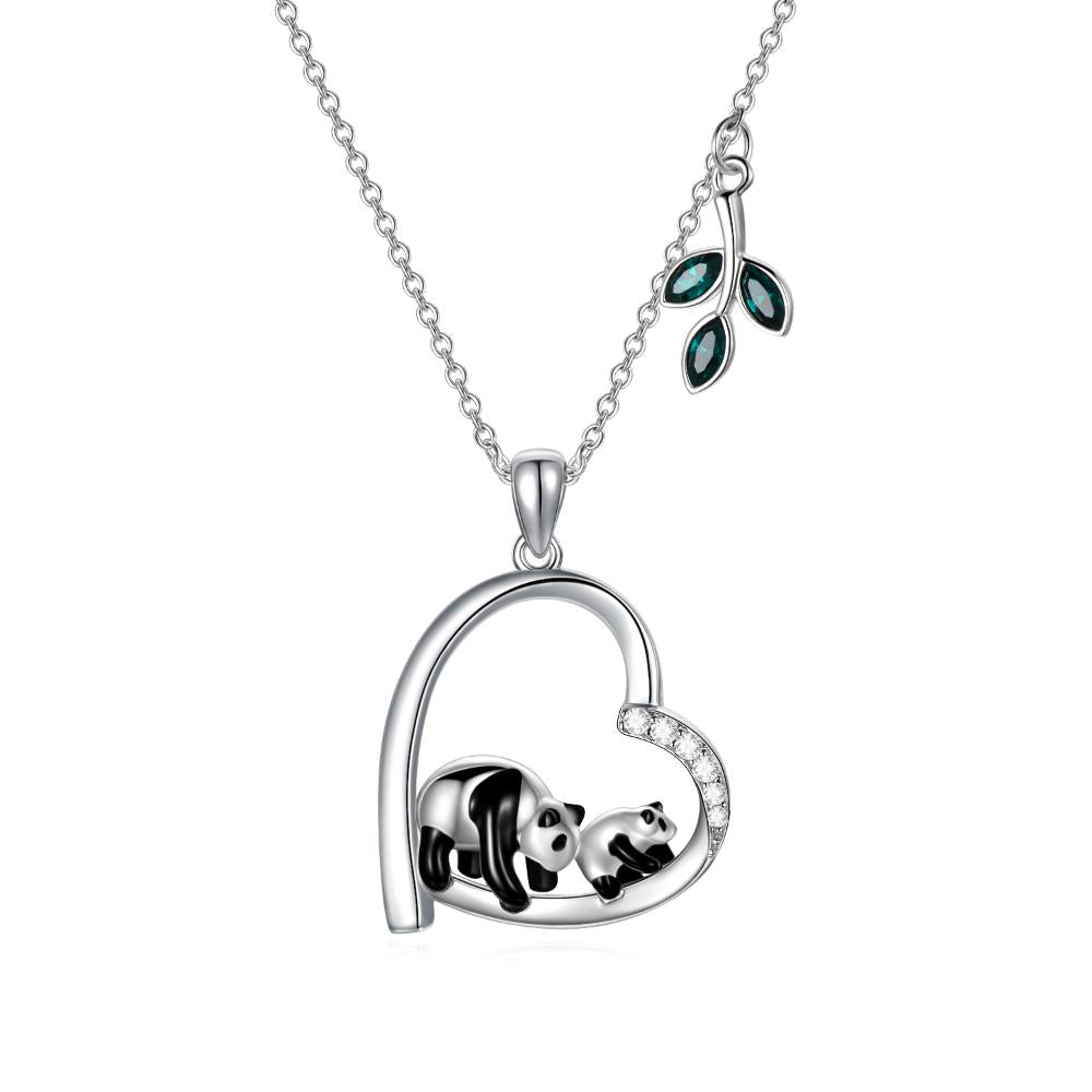 Funny Panda Daughter Mother Necklace Sterling Silver Heart Pendant Embellished with Crystals