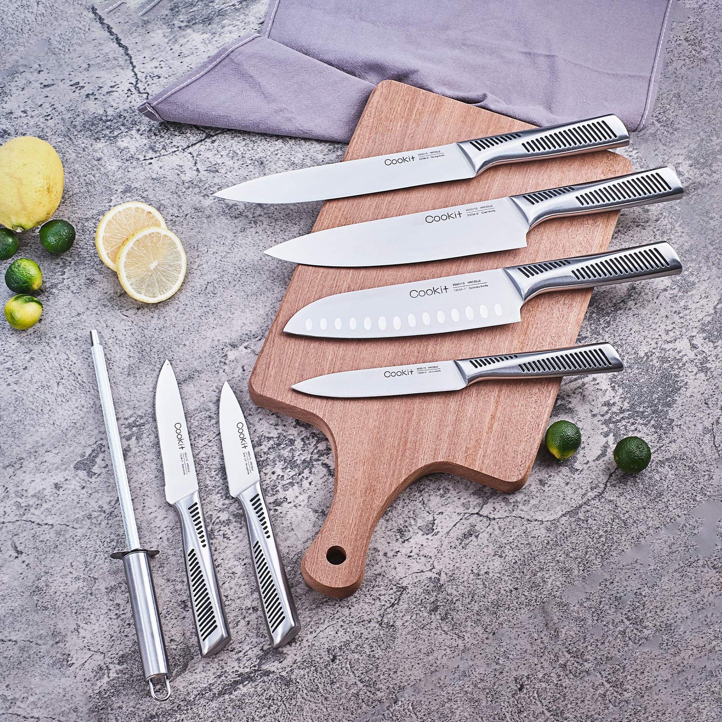 Kitchen Knife Set, 15 Piece Knife Sets with Block, Non-Slip German Stainless Steel with Multifunctional Scissors Knife Sharpener