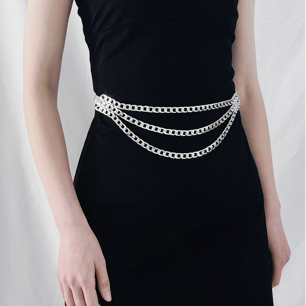 Cross-border Fashion Ladies Elastic Spring Waist Chain Golden Versatile Three-layer Chain With Dress Belt Versatile Spot