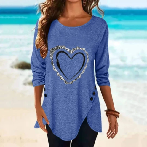 Irregular Long-sleeved Button T-shirt With Love Print