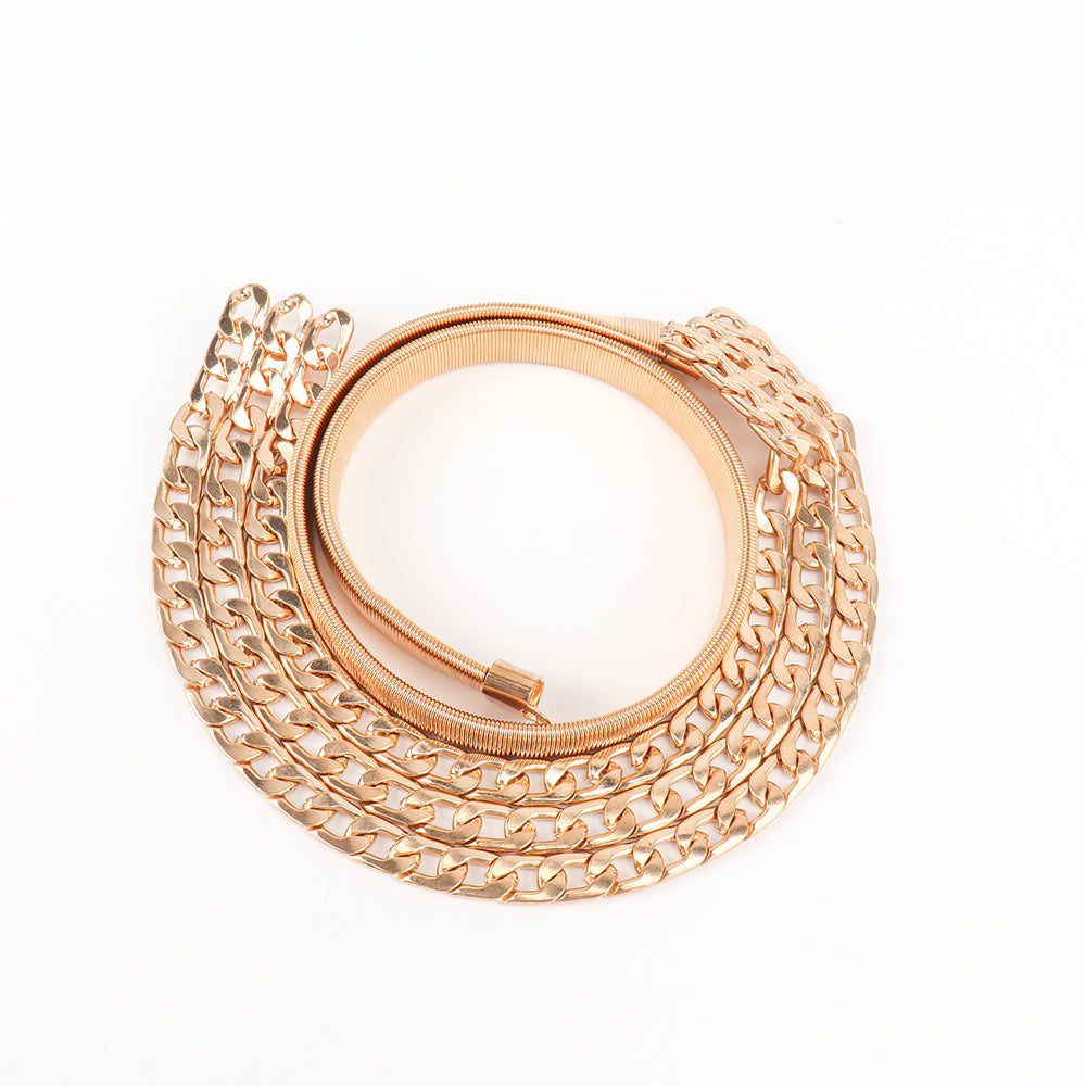 Cross-border Fashion Ladies Elastic Spring Waist Chain Golden Versatile Three-layer Chain With Dress Belt Versatile Spot