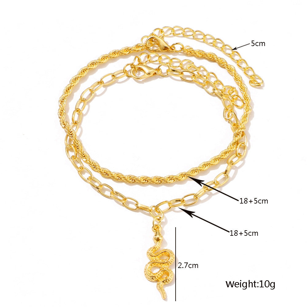 Beach Twist Chain Snake Pendant Simple Retro Double Layer Anklet