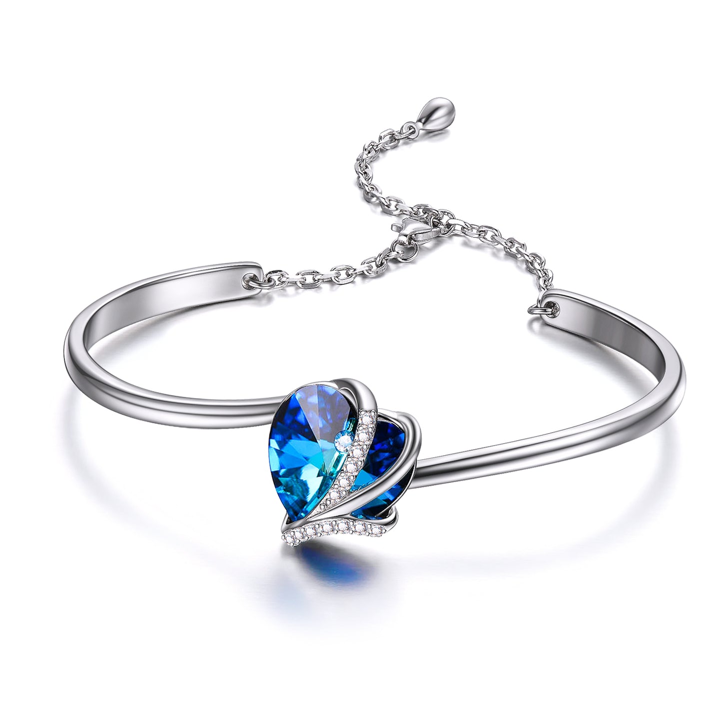 925 Sterling Silver Love Heart Bangle with Blue Crystals,I Love You Bracelet