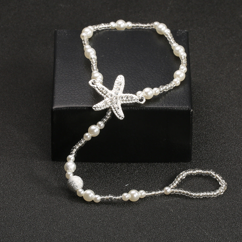 Rhinestone Starfish Pearl Finger Elastic Anklet