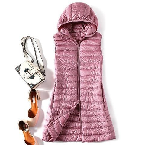 Hooded Down Vest Women's Sports Lightweight Mid-length Waistcoat Down Jacket