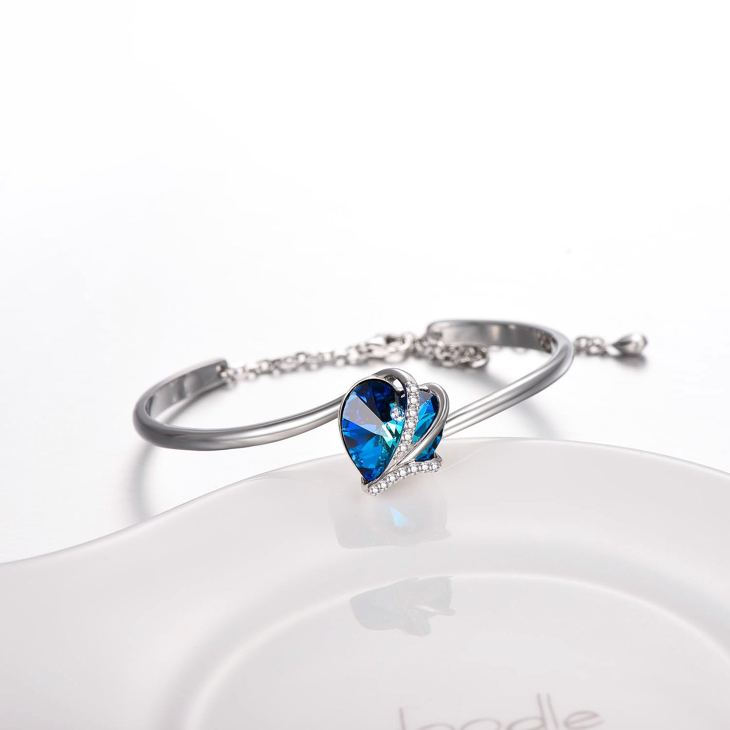 925 Sterling Silver Love Heart Bangle with Blue Crystals,I Love You Bracelet