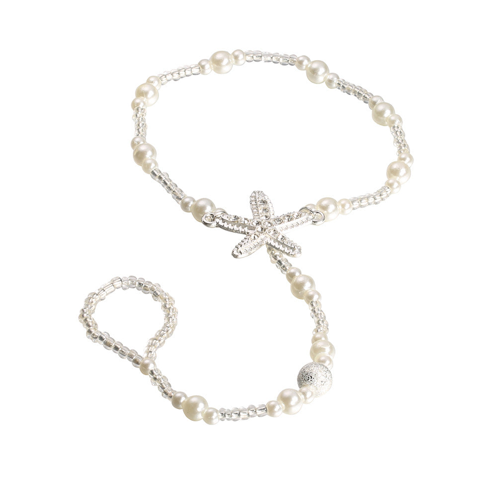 Rhinestone Starfish Pearl Finger Elastic Anklet