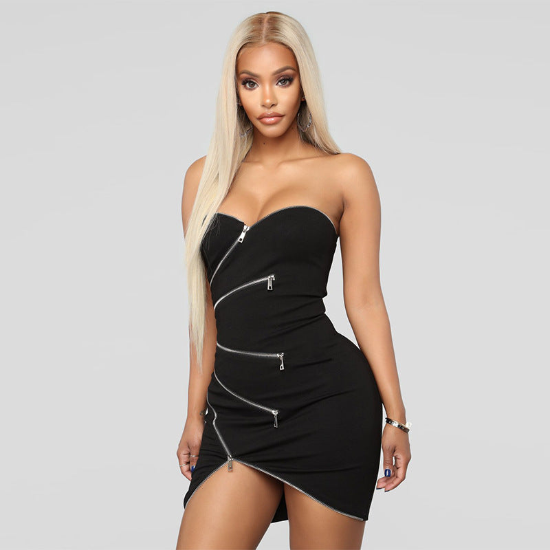 Women's Sexy Tube Top Irregular Zipper Dress Women