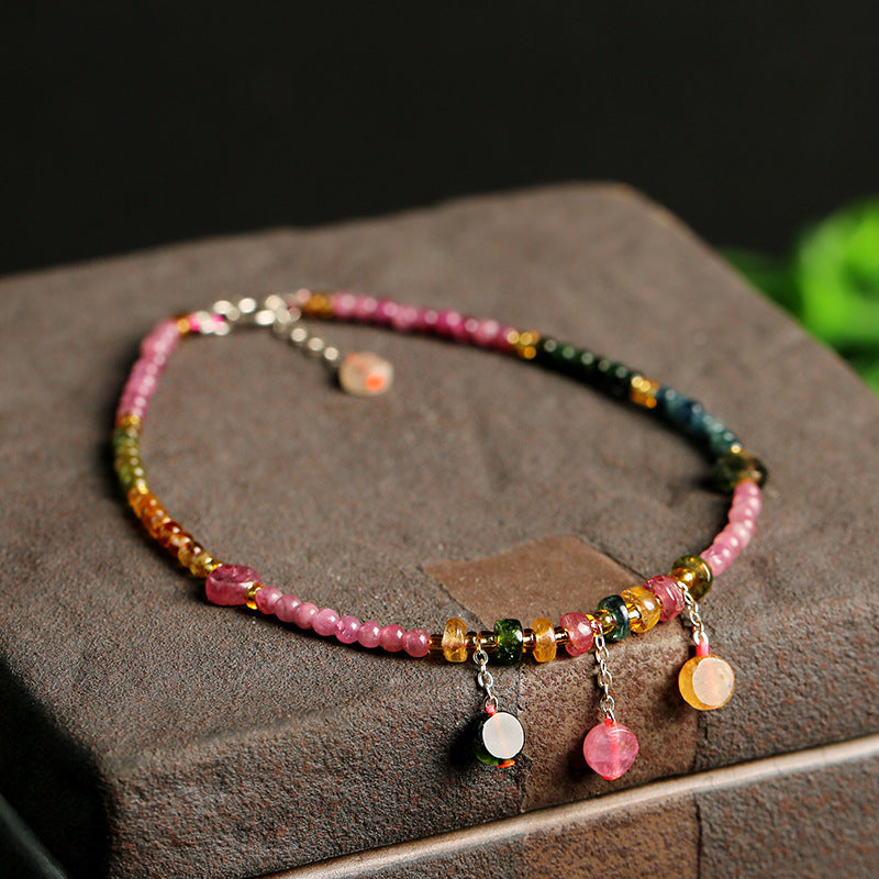 S925 Sterling Silver Small Flat Beads Natural Tourmaline Anklet