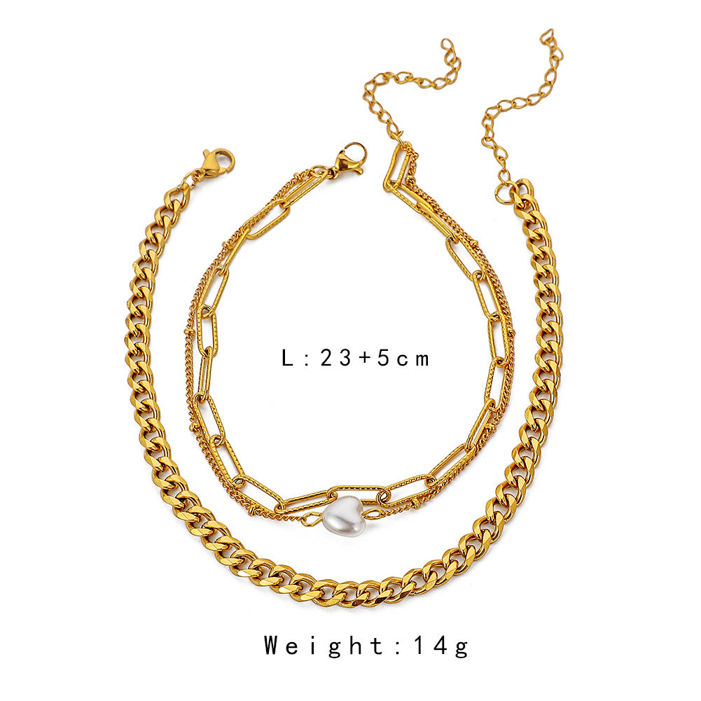 Stainless Steel Gold Three-Layer Chain Diamond Pearl Anklet
