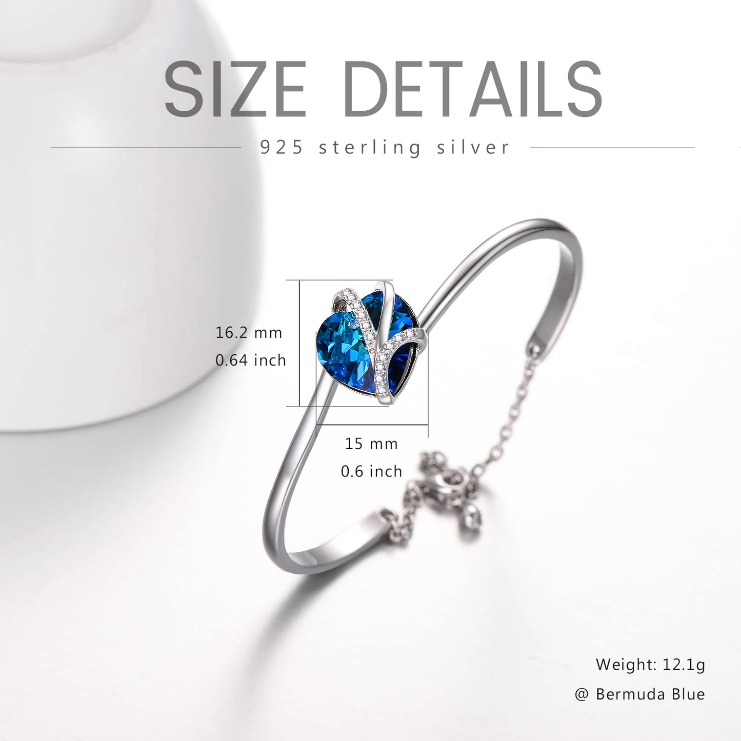 925 Sterling Silver Love Heart Bangle with Blue Crystals,I Love You Bracelet