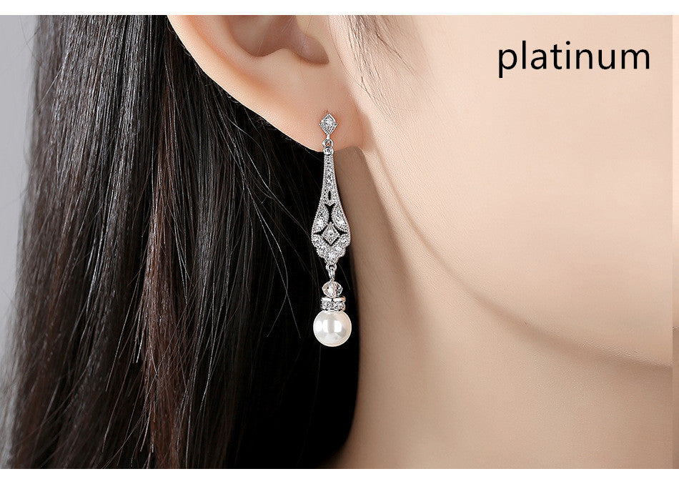 Korean Style Simple Long Pearl Women's Copper Inlaid Zirconium Earrings