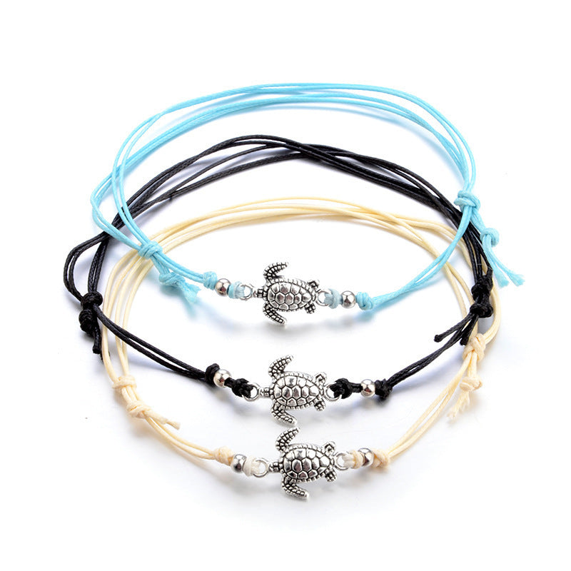 European And American Hemp Rope Multi-layer Turtle Anklet Hand-woven Antique Silver Turtle Beach Anklet Bracelet