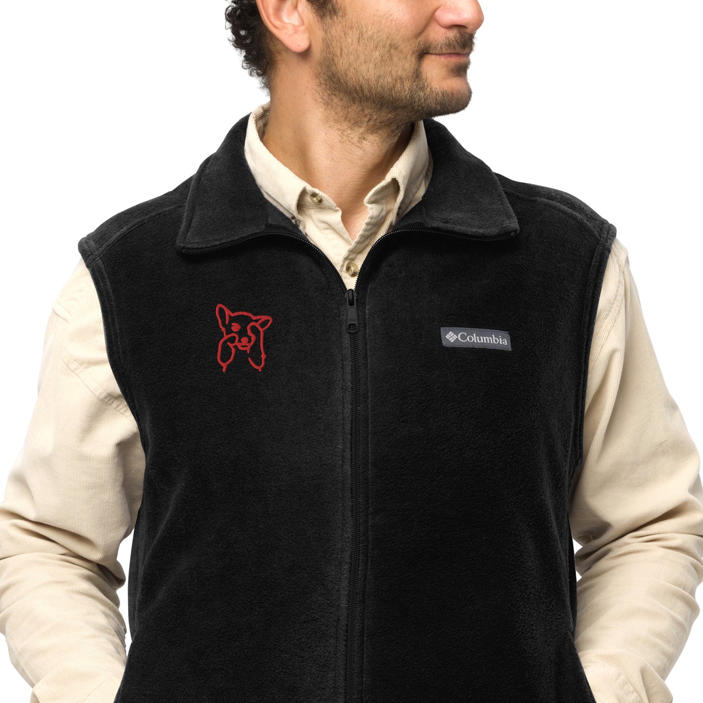Men’s Columbia fleece vest , flat embroidery, red color cute dog sketch